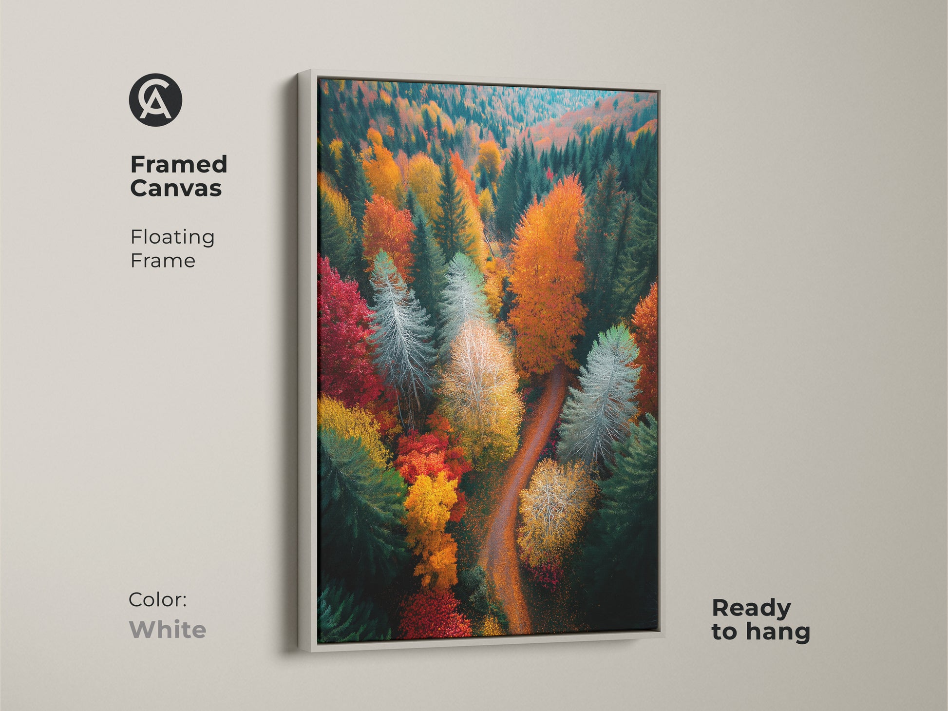 White framed canvas print featuring a colorful forest. This ready-to-hang artwork shows an aerial view of trees in autumn colors. The white frame provides a clean modern look. A perfect addition to any room.