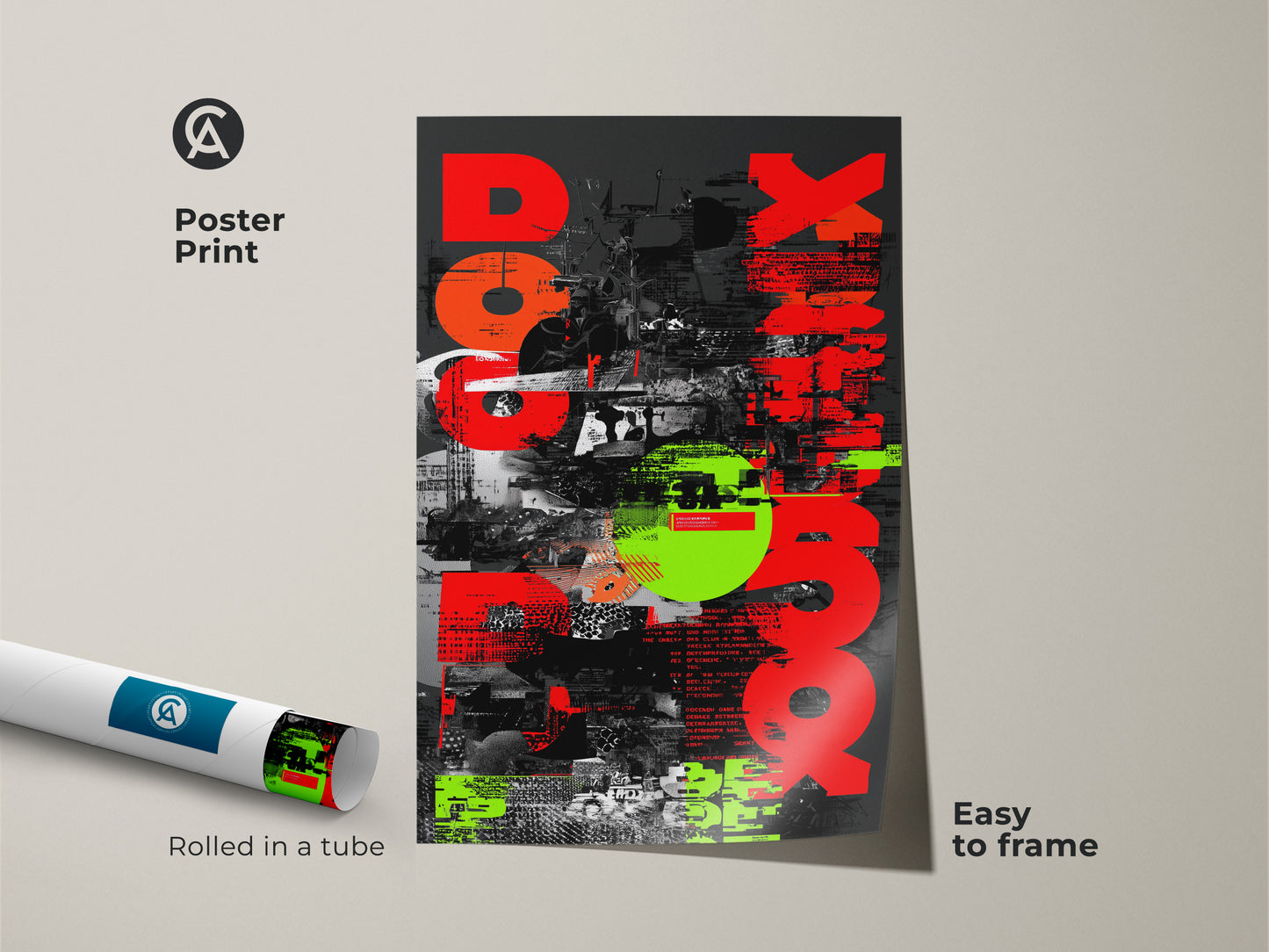 Poster Print of Red Neon Green Abstract Artwork. This urban typography collage is perfect for industrial office decor. The rolled poster is easy to frame. This unique wall art is a great gift for graphic enthusiasts. The geometric shapes add a modern touch. Enhance your space with this visually striking print.
