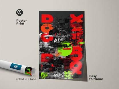 Poster Print of Red Neon Green Abstract Artwork. This urban typography collage is perfect for industrial office decor. The rolled poster is easy to frame. This unique wall art is a great gift for graphic enthusiasts. The geometric shapes add a modern touch. Enhance your space with this visually striking print.