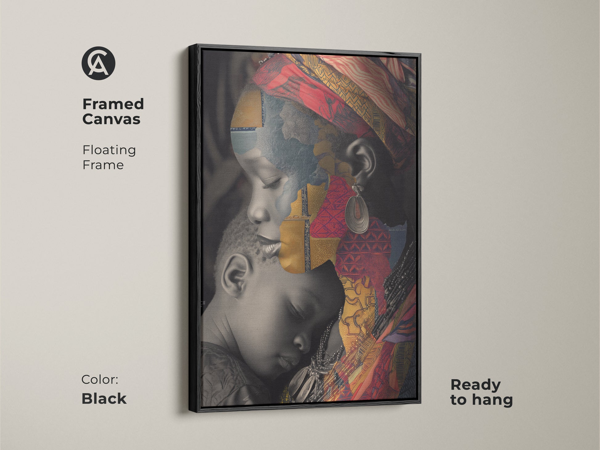 Framed canvas showcasing an African Mother and Child cultural collage. The black floating frame enhances the red gold and blue abstract art. This eclectic home decor print is ready to hang as a unique family portrait.