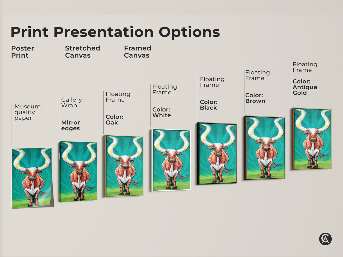 Explore print presentation options for this expressive longhorn cattle artwork. Choose from poster print stretched canvas or framed canvas. Options include museum quality paper gallery wrap and floating frames in various colors like white black brown and antique gold for this unique Western animal art.