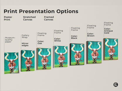Explore print presentation options for this expressive longhorn cattle artwork. Choose from poster print stretched canvas or framed canvas. Options include museum quality paper gallery wrap and floating frames in various colors like white black brown and antique gold for this unique Western animal art.