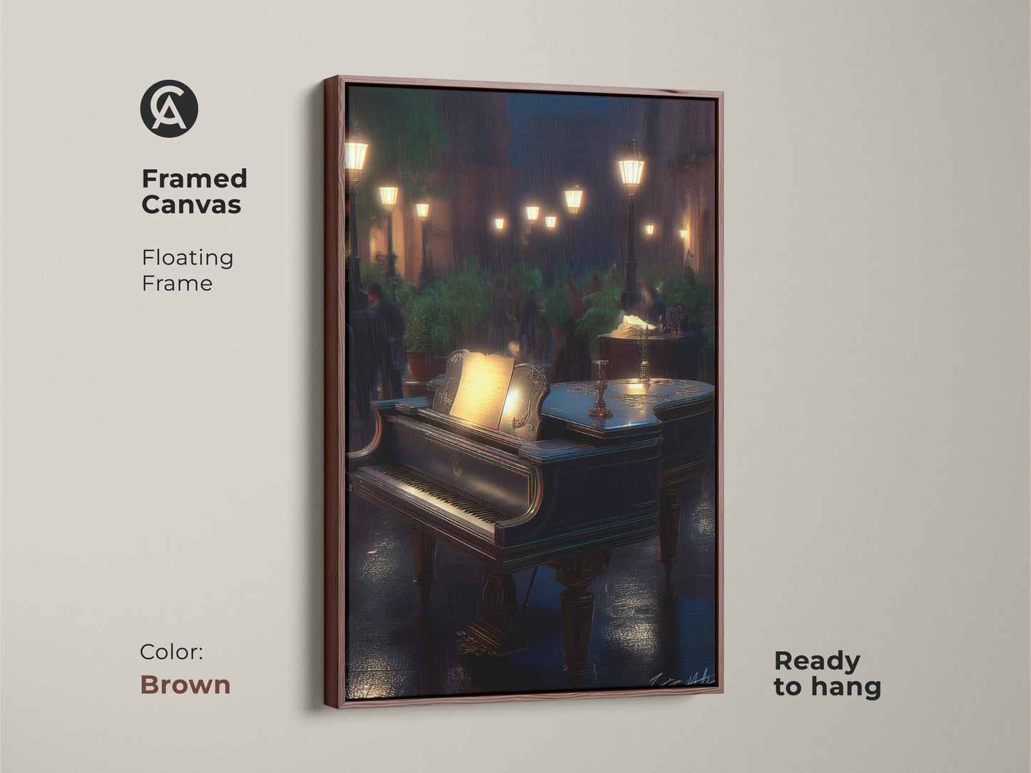 Add warmth to your walls with this framed Grand Piano Canvas. It showcases a rainy cityscape and romantic music. The brown floating frame is ready to hang infusing sophistication into your room.