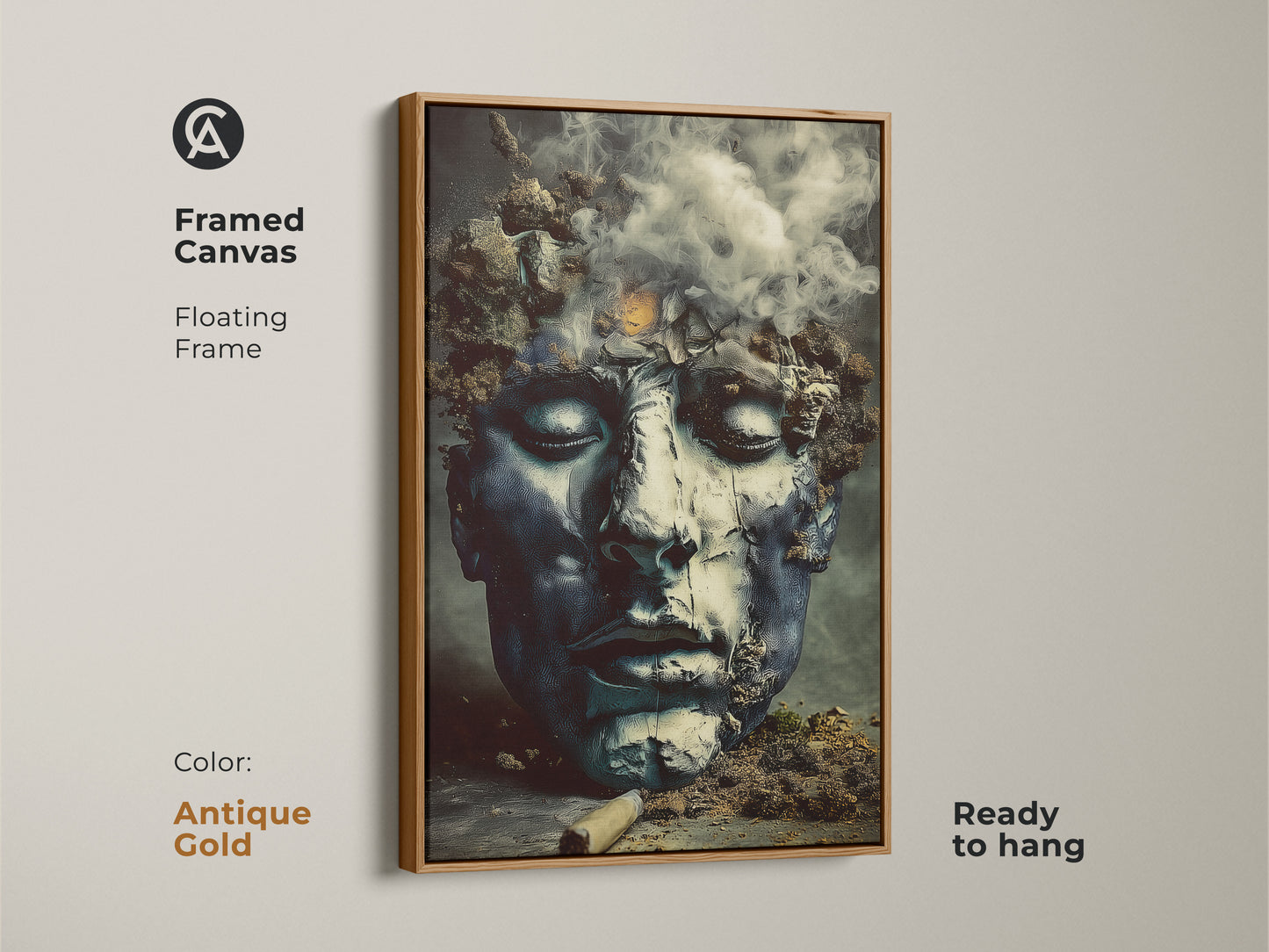 Antique gold framed canvas featuring surreal face artwork. This dark academia piece combines abstract and figurative elements. The deep blue charcoal wall decor is ready to hang. It's ideal for collector gifts.
