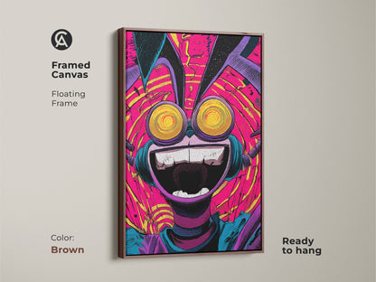 Framed canvas showcasing a quirky character artwork. The floating frame enhances the artwork's visual appeal. This art is ready to hang and enjoy. The brown frame complements the vivid colors of the art beautifully