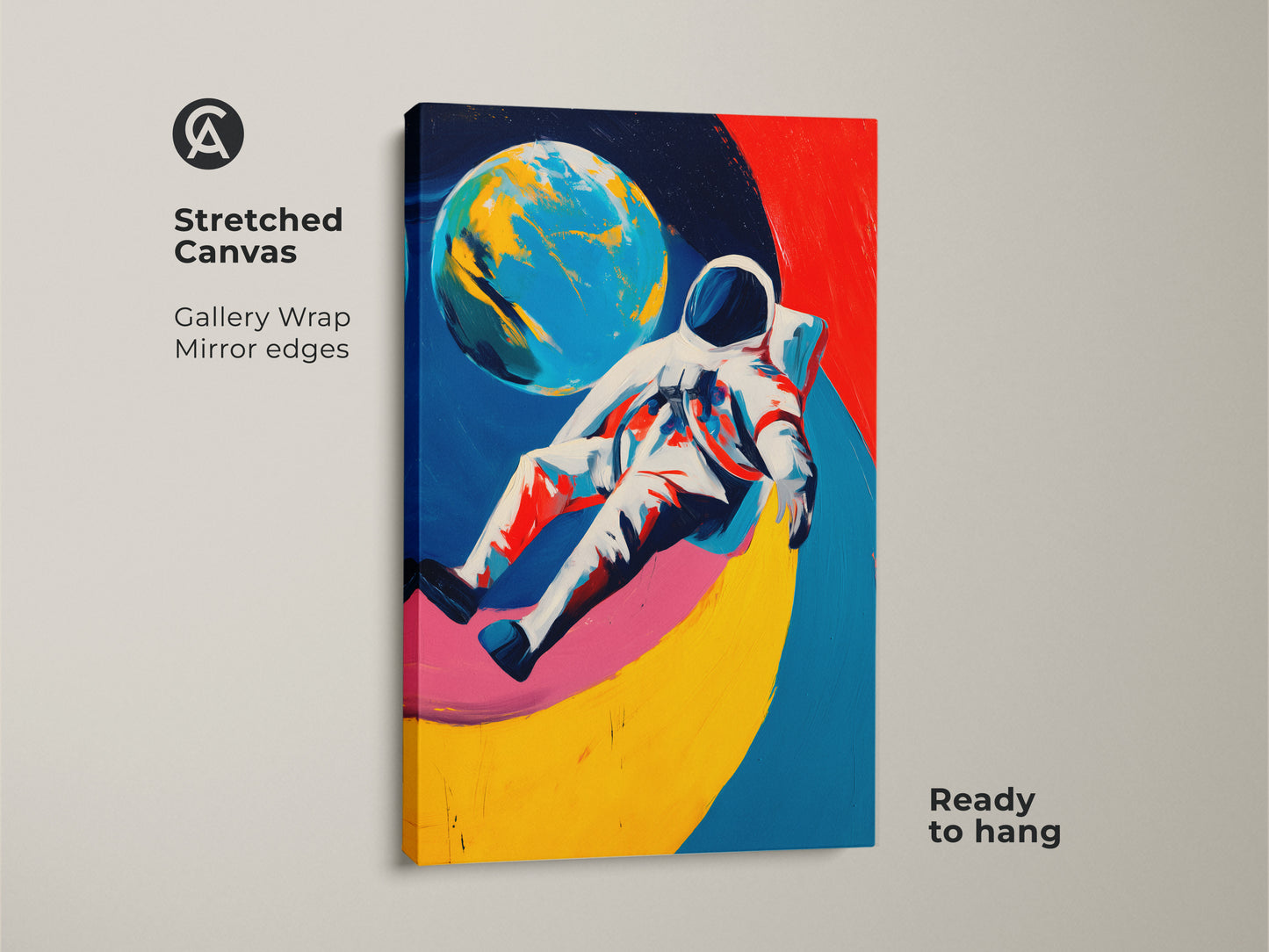 Stretched canvas showing an abstract space print. An astronaut floats near a planet in blue red and yellow tones. Gallery wrap with mirrored edges is ready to hang.