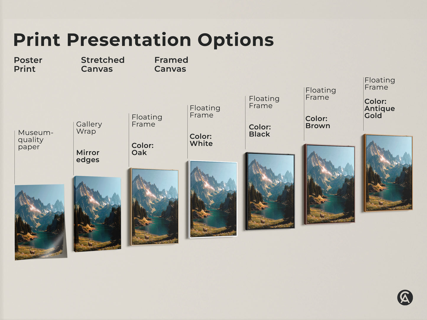 Explore print presentation options for mountain lake artwork. Choose from poster prints stretched canvas and framed canvas. Select a floating frame in oak white black brown or antique gold. Find the perfect style for your decor.