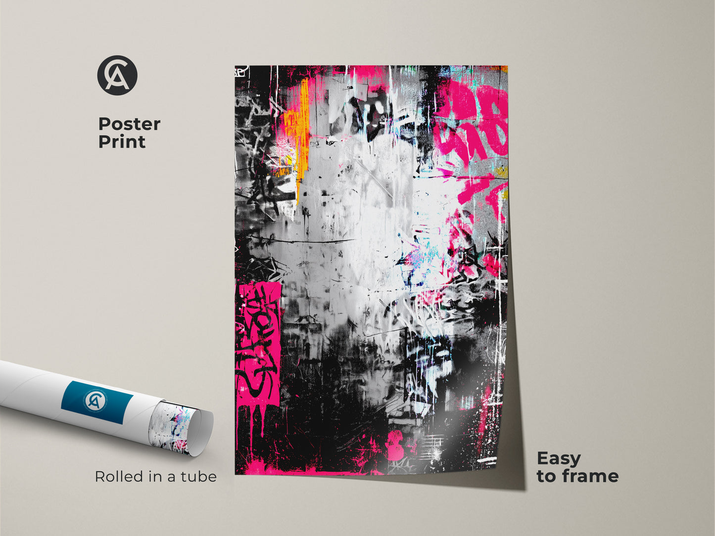 Poster print of graffiti artwork rolled in a tube. The print features bright pink and orange hues on a black and silver background. This museum-quality paper is easy to frame and display.