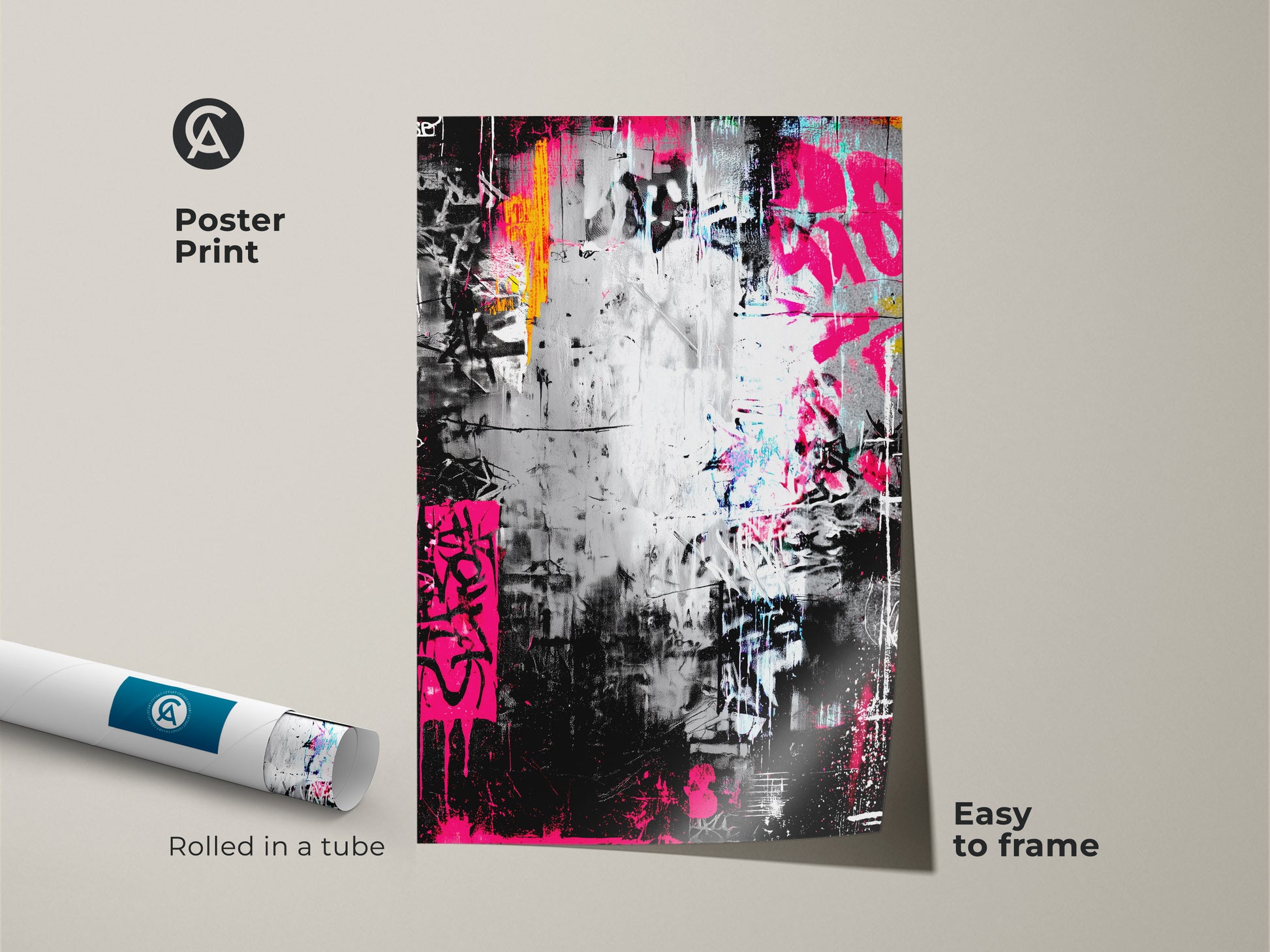 Poster print of graffiti artwork rolled in a tube. The print features bright pink and orange hues on a black and silver background. This museum-quality paper is easy to frame and display.