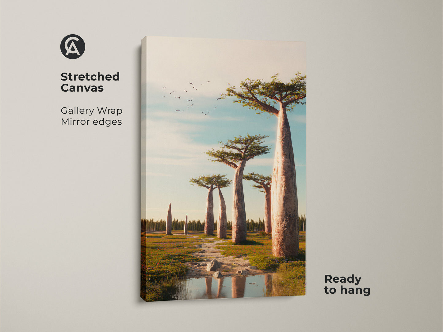 Stretched canvas of savanna landscape wall art with boho home decor print. The travel africa art uses earthy tones for a nature art feel. It is ready to hang. It is a perfect housewarming gift for savanna and outdoor lovers.