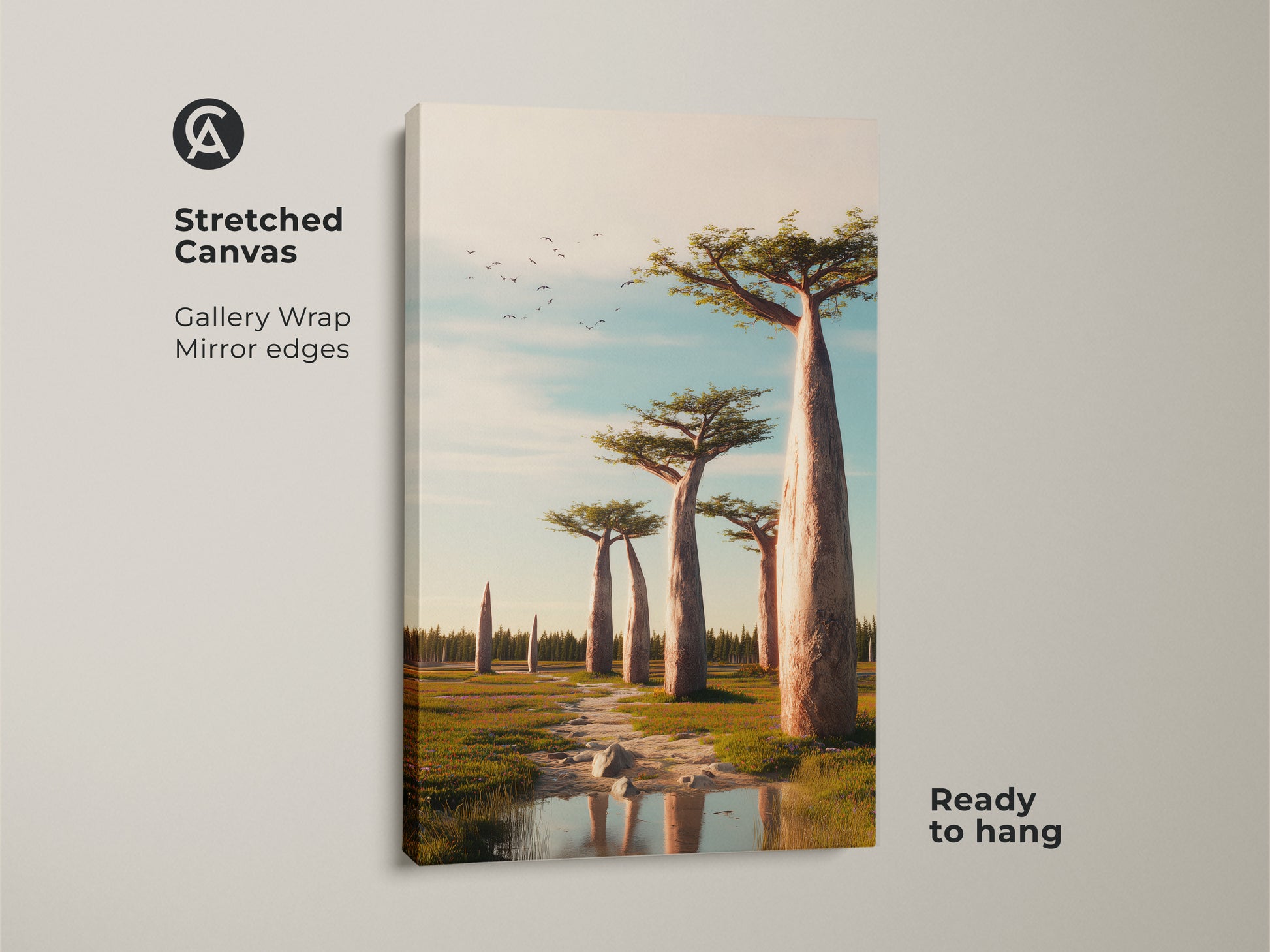 Stretched canvas of savanna landscape wall art with boho home decor print. The travel africa art uses earthy tones for a nature art feel. It is ready to hang. It is a perfect housewarming gift for savanna and outdoor lovers.