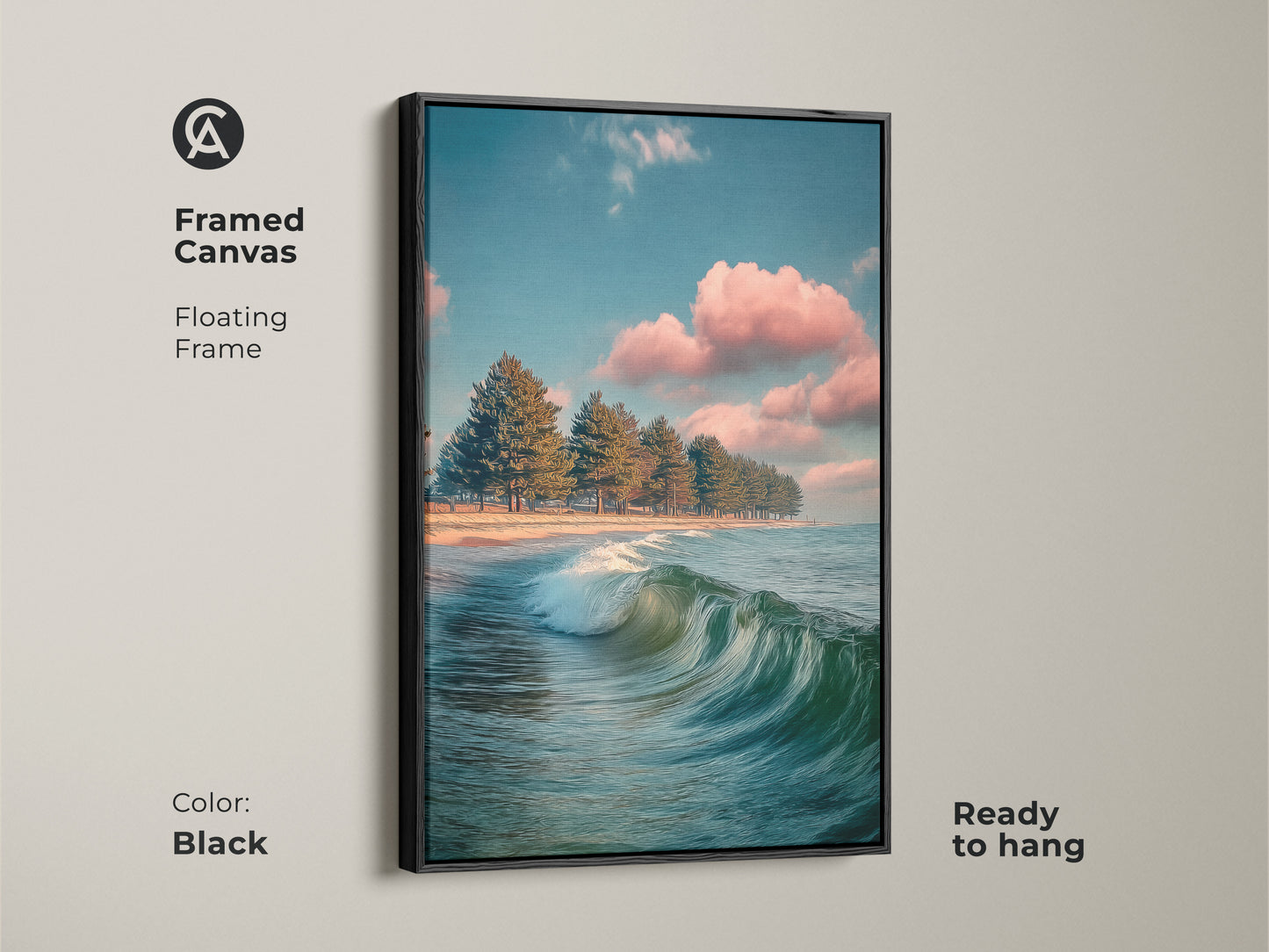 Framed canvas ocean wave art. Floating frame in black. Coastal landscape artwork shows pine trees on a beach. Ready to hang teal blue seascape brings calming nature art to your home.