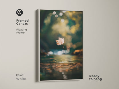 Enhance your space with this framed canvas artwork in white. The floating frame enhances the beauty of this autumn leaf scene. Ready to hang this piece brings a touch of nature indoors. Get this framed fine art to elevate your decor.
