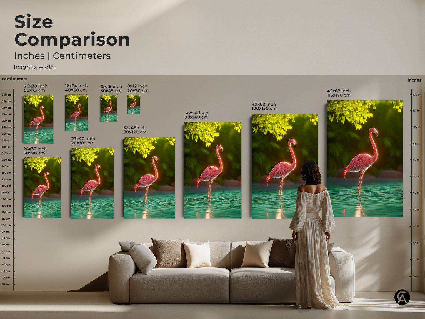 Size comparison of pink flamingo artwork in inches and centimeters. See how different sizes fit above a couch. Choose from 20x30 cm to 45x67 inch prints. Visualize the impact of this tropical bird wall art. Add vibrant boho decor to your living room today.