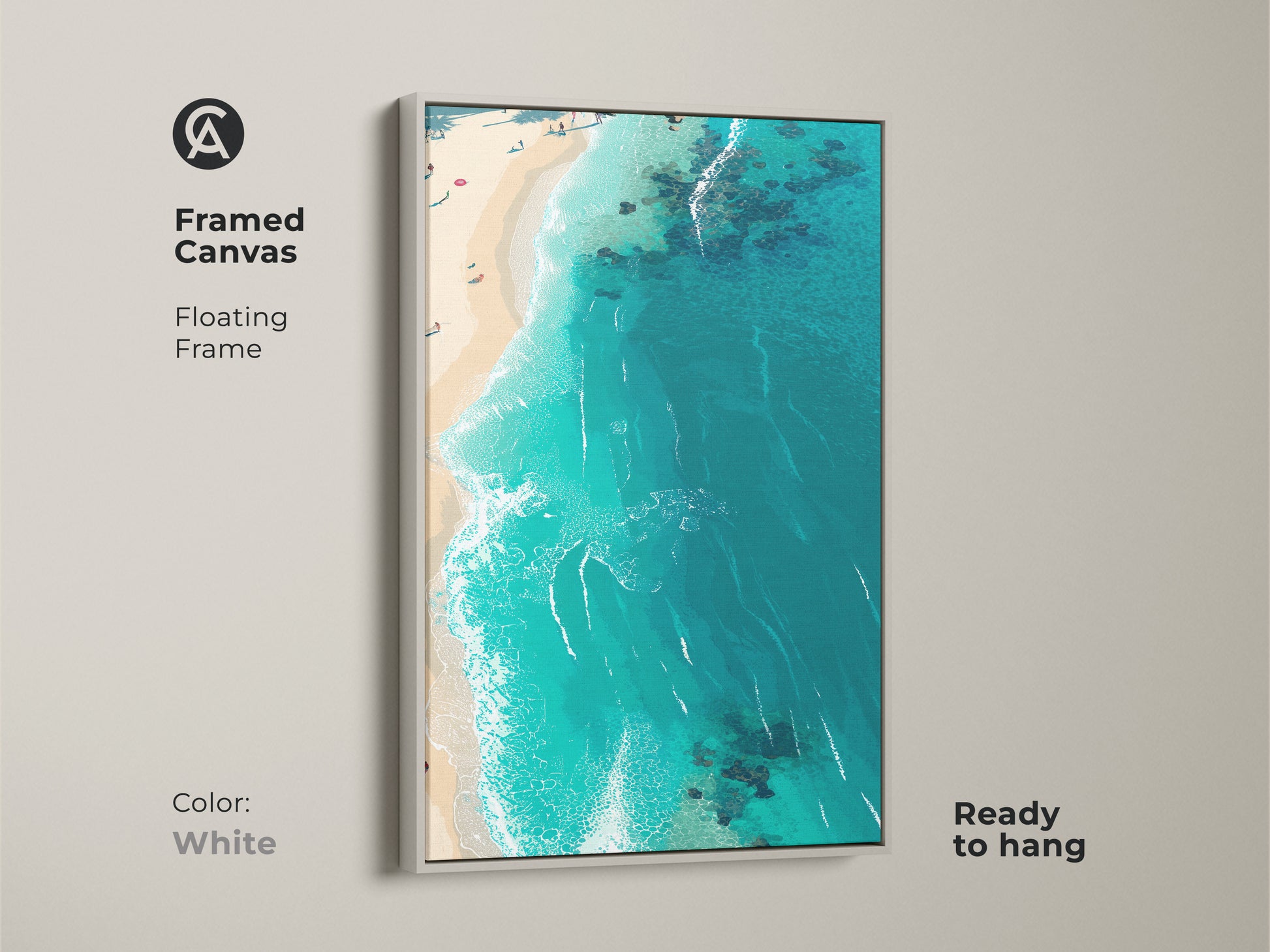 Framed beach canvas art with a floating frame in white. The artwork captures an aerial view of turquoise waters and a sandy beach. This clean white frame adds a fresh coastal touch. It's ready to hang offering instant style.