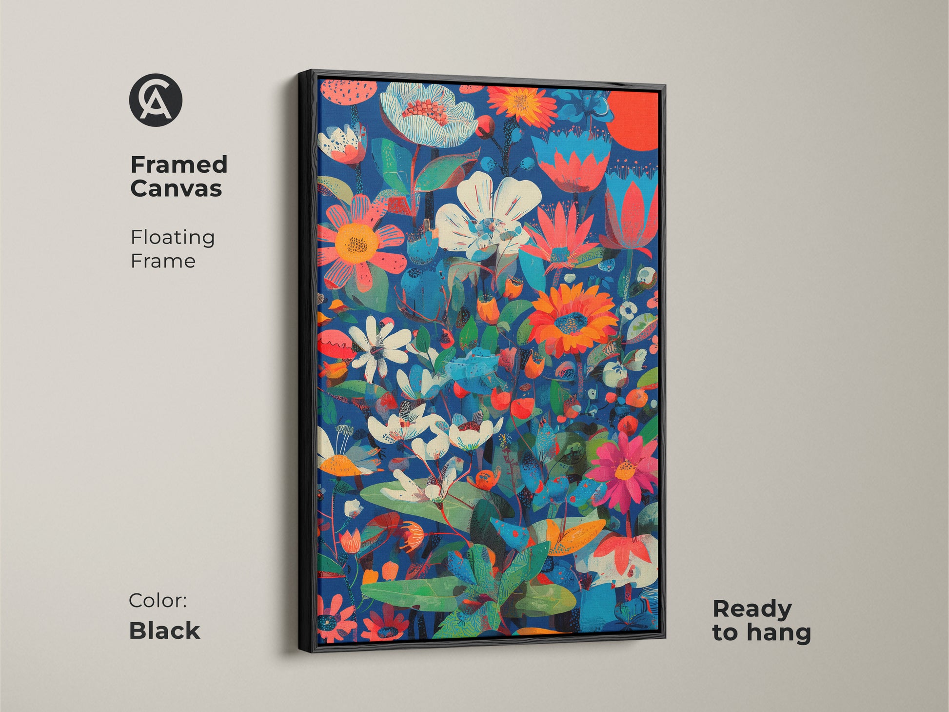 Framed canvas of botanical abstract wall art. The floating frame is black. The floral print features deep blue coral red and teal colors. Modern folk art decor ready to hang in any space.