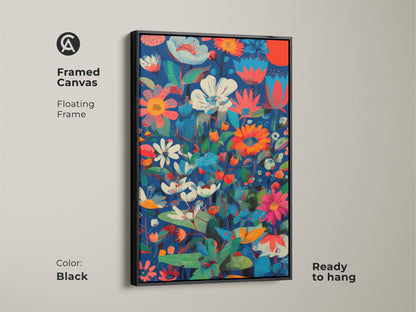 Framed canvas of botanical abstract wall art. The floating frame is black. The floral print features deep blue coral red and teal colors. Modern folk art decor ready to hang in any space.