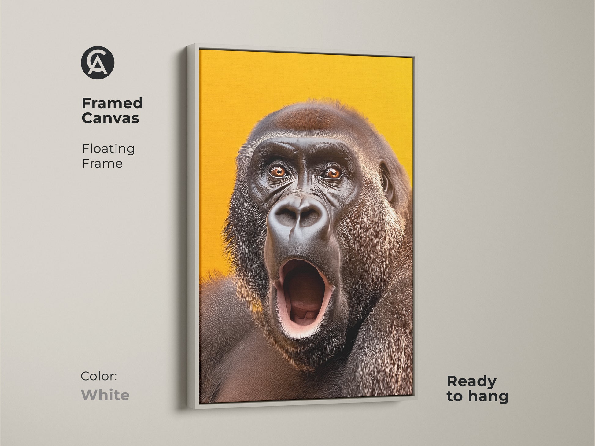 Framed canvas showcasing realistic gorilla artwork. This primate art has a floating white frame. The wildlife wall art is ready to hang. It is a yellow orange canvas.