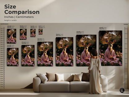 Size comparison of meditation deer art prints. See inches and centimeters dimensions for each size. Compare canvas and poster art on a wall. Visualize artwork above a sofa. Sizes range from small to extra large for any room.