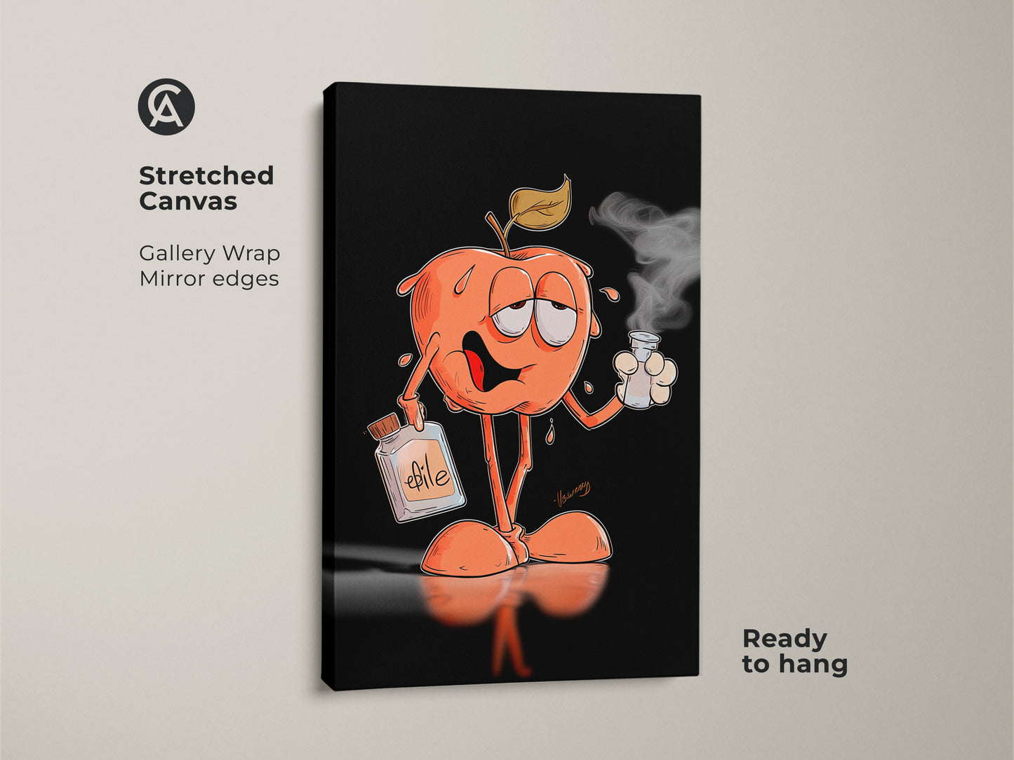 Stretched canvas art features a whimsical apple character enjoying a smoke. Gallery-wrapped with mirror edges this piece is ready to hang. The artwork includes a bottle labeled "efile". It is perfect for adding a touch of humor to your home decor.