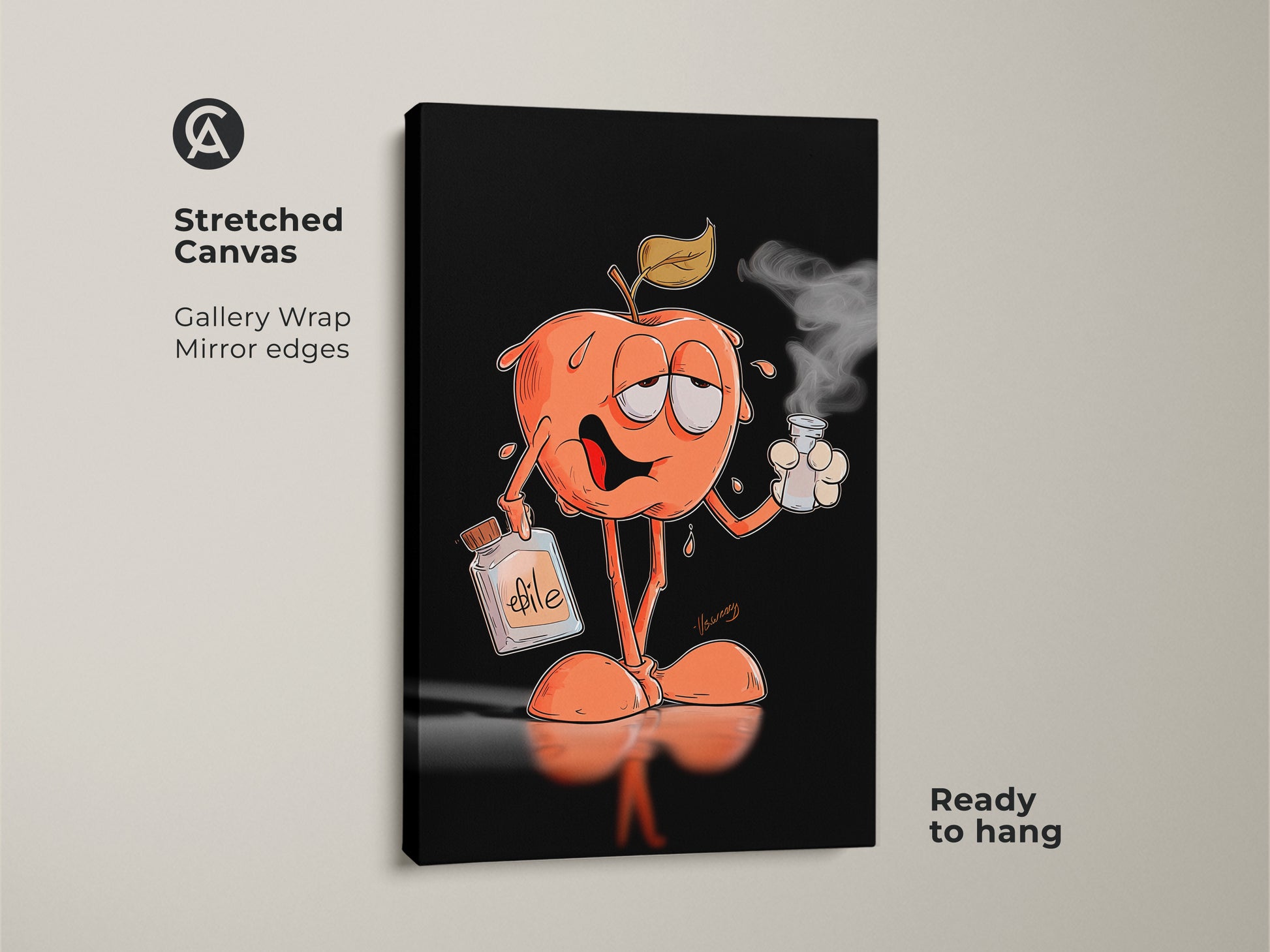 Stretched canvas art features a whimsical apple character enjoying a smoke. Gallery-wrapped with mirror edges this piece is ready to hang. The artwork includes a bottle labeled "efile". It is perfect for adding a touch of humor to your home decor.