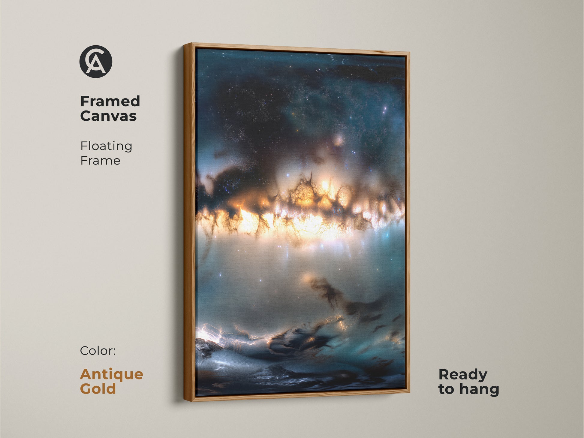 Framed canvas with floating frame. The nebula artwork has orange and blue colors. The frame is antique gold. This canvas is ready to hang. Add a touch of sophistication to your decor with this framed art. Perfect for art collectors.