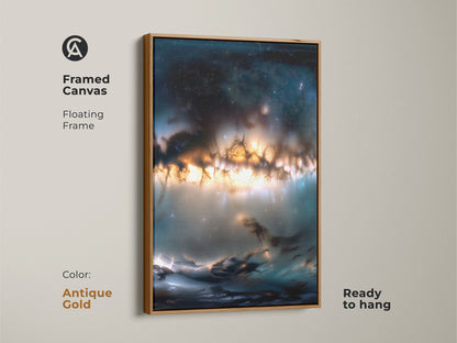Framed canvas with floating frame. The nebula artwork has orange and blue colors. The frame is antique gold. This canvas is ready to hang. Add a touch of sophistication to your decor with this framed art. Perfect for art collectors.