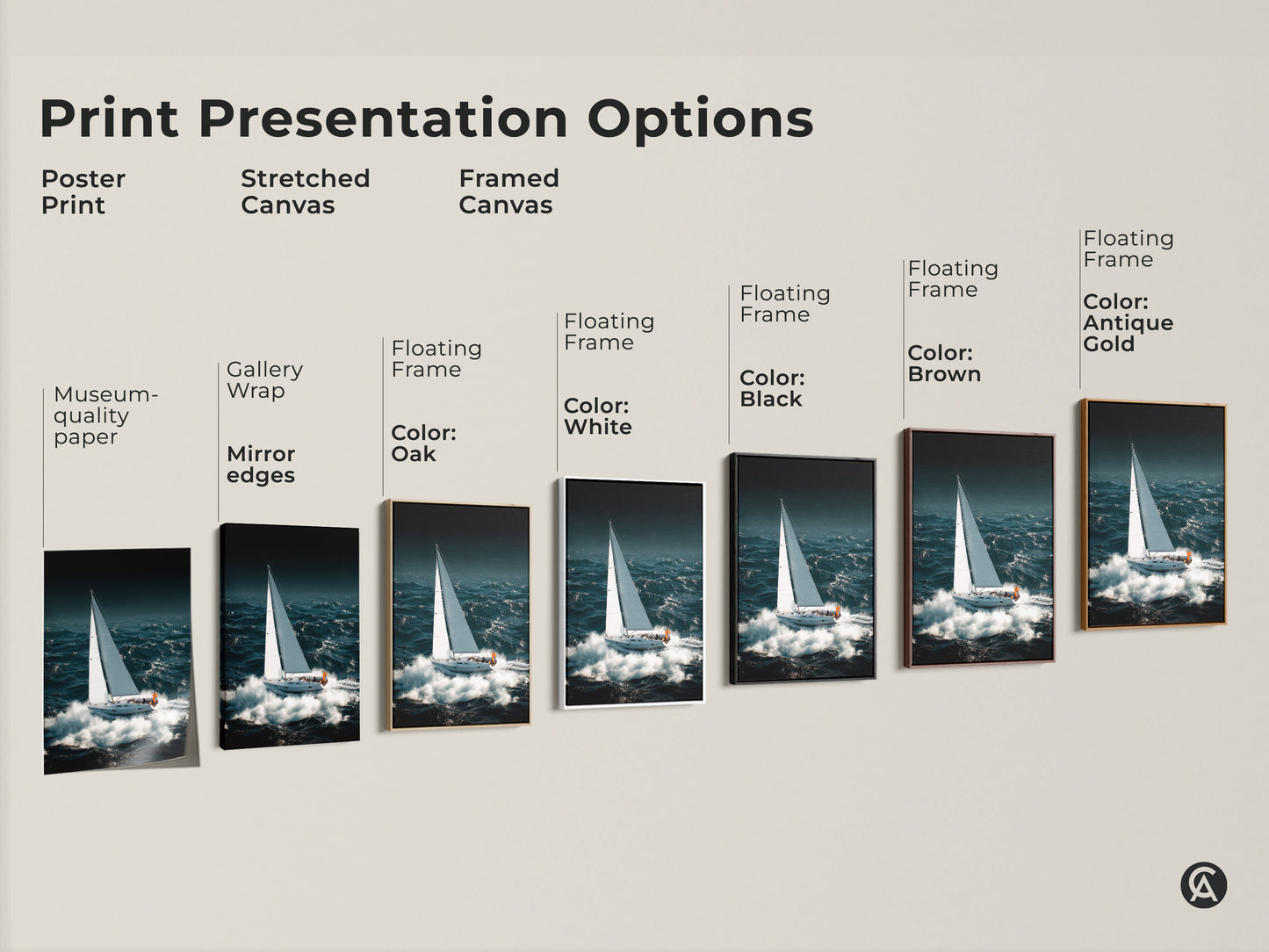 Explore print presentation options for coastal sailboat artwork. Choose poster print stretched or framed canvas in various colors. Enhance your space with museum quality nautical art prints. Find the perfect fit.