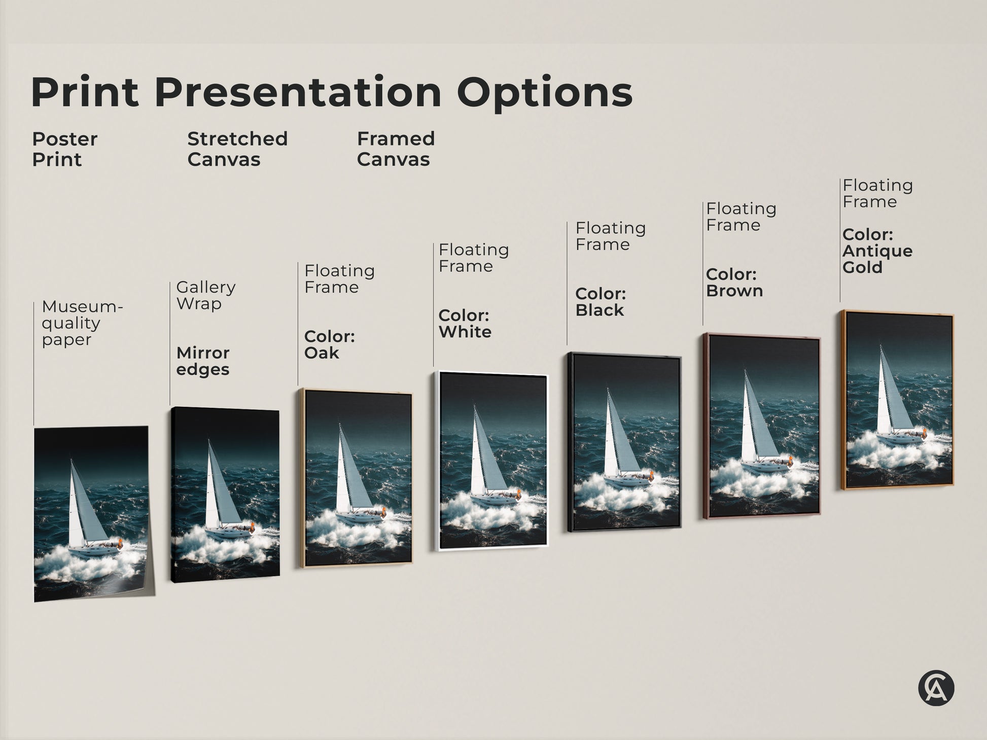 Explore print presentation options for coastal sailboat artwork. Choose poster print stretched or framed canvas in various colors. Enhance your space with museum quality nautical art prints. Find the perfect fit.