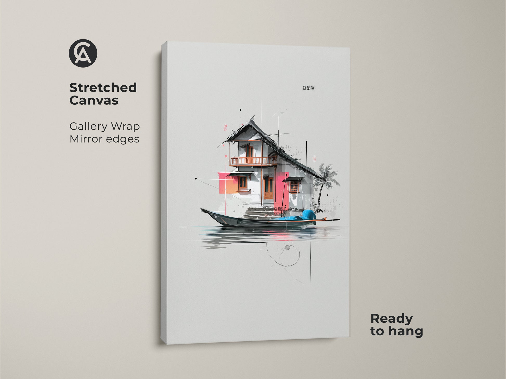 Stretched canvas of an architectural floating house art. Gallery wrapped with mirror edges this minimalist architecture print is ready to hang. This contemporary travel wall art elevates any space.