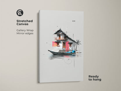 Stretched canvas of an architectural floating house art. Gallery wrapped with mirror edges this minimalist architecture print is ready to hang. This contemporary travel wall art elevates any space.