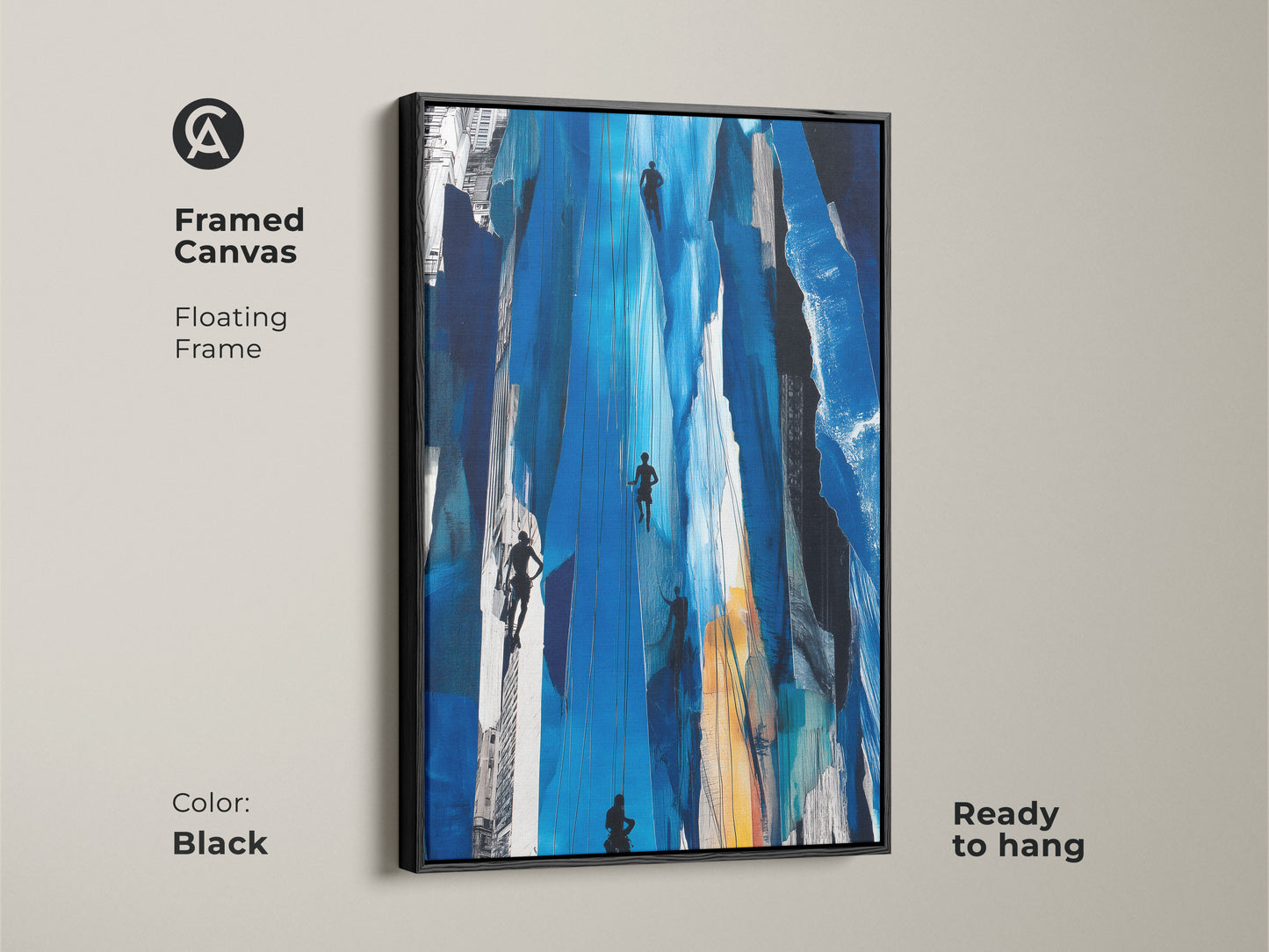Framed canvas featuring the 'Urban Climber Blue Print' abstract art. The black floating frame enhances the modern office decor art. This abstract cityscape print is ready to hang. This contemporary piece showcases action climber artwork. It adds sophistication to any space.