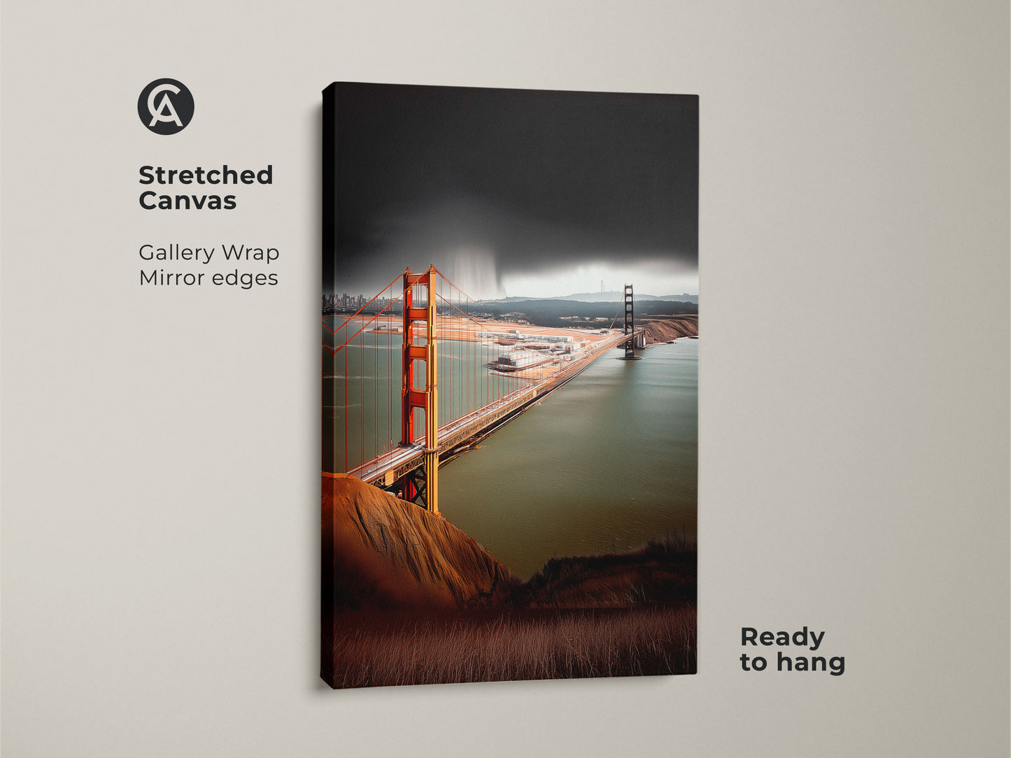 This stretched canvas features the Golden Gate Bridge. The gallery wrap has mirrored edges. It's ready to hang and showcases a photorealistic view. The burnt orange and teal artwork enhances any room's decor.