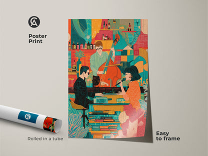 A poster print of a Mid-Century Modern Jazz Band. The retro singer and bassist artwork arrives rolled in a tube. It is easy to frame. The eclectic orange and teal art is perfect for music lovers. This piece adds a vibrant touch to home decor.