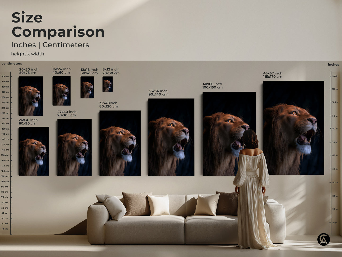 Size comparison of photorealistic lion artwork. Visualize how the canvas or poster print fits in your space. Sizes range from 8x12 to 45x67 inches. Perfect for eclectic home decor. This wildlife animal art makes a bold statement in any room.