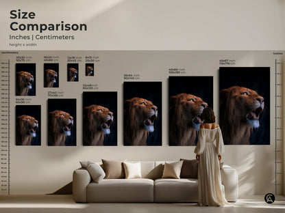 Size comparison of photorealistic lion artwork. Visualize how the canvas or poster print fits in your space. Sizes range from 8x12 to 45x67 inches. Perfect for eclectic home decor. This wildlife animal art makes a bold statement in any room.
