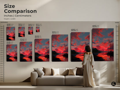 Compare the sizes of the Crimson Sunset artwork in inches and centimeters. See how this red sky landscape print transforms a living space. From small to extra large find the perfect fit for your home. This contemporary nature wall decor makes a stunning housewarming gift.