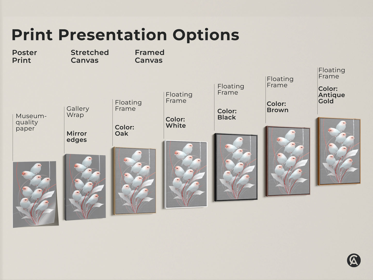 Print presentation options showcasing Scandinavian bird artwork. Options include poster print stretched canvas and framed canvas with various frame colors such as white black brown antique gold and oak. Discover the perfect minimalist finch art for your home decor. Modern folk art decor for any space.