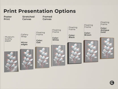 Print presentation options showcasing Scandinavian bird artwork. Options include poster print stretched canvas and framed canvas with various frame colors such as white black brown antique gold and oak. Discover the perfect minimalist finch art for your home decor. Modern folk art decor for any space.