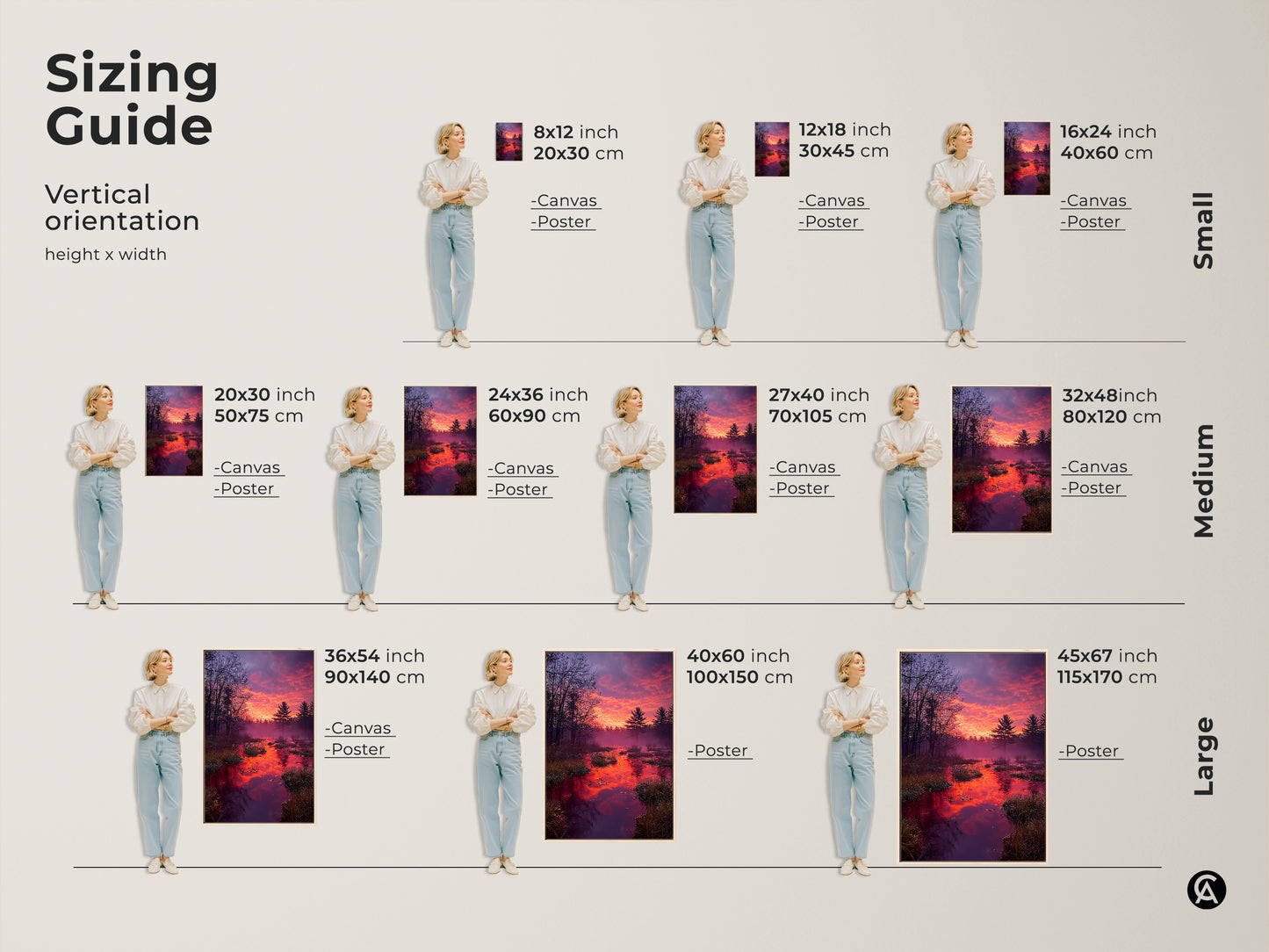 Sizing guide for a vertical orientation of a rustic forest sunset canvas and poster. Orange and purple sky art with pine trees reflected in the water. Available in small medium and large sizes. Find the perfect fit for your space. This nature landscape adds beauty to any room. A great home decor gift.