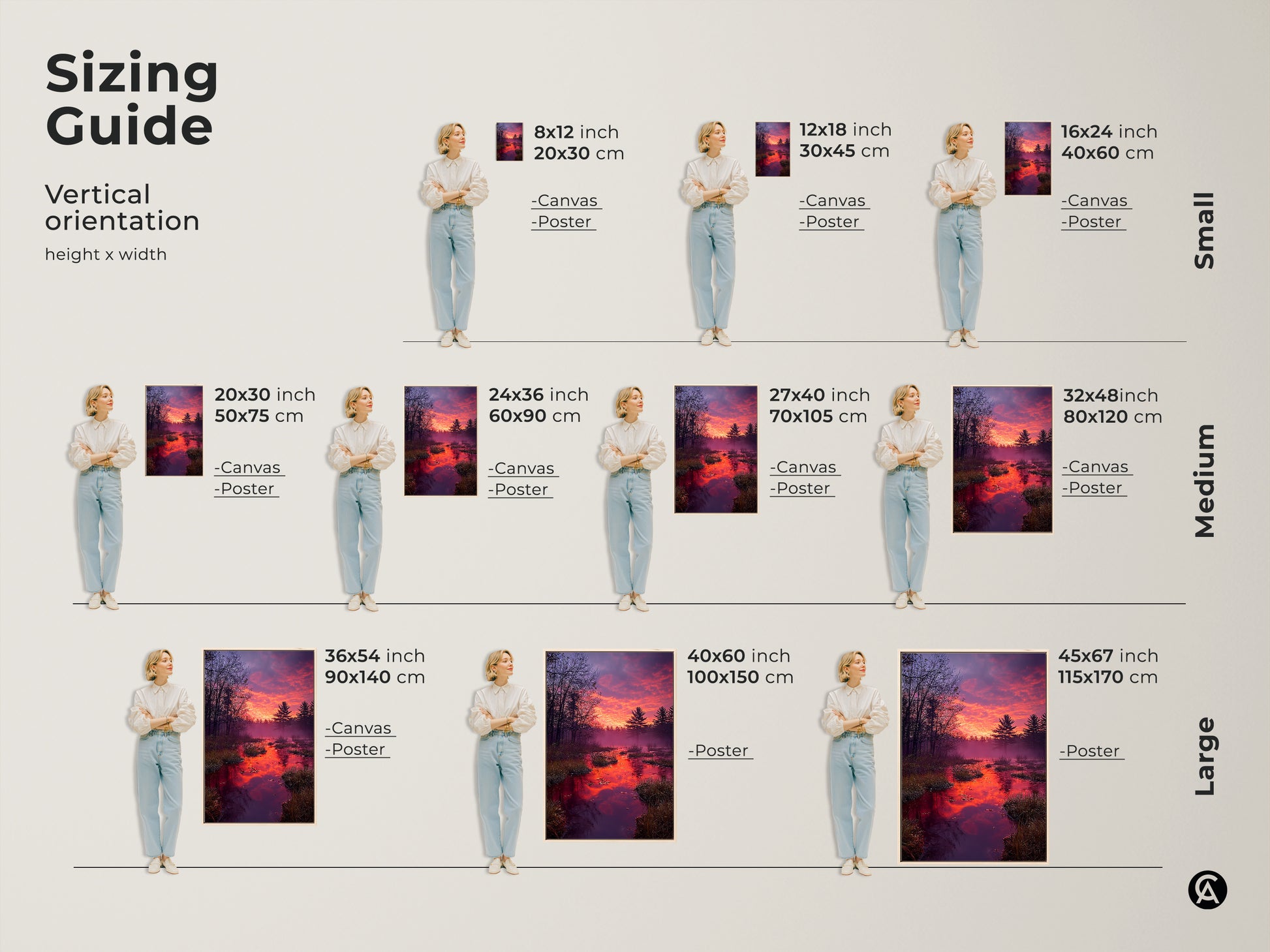Sizing guide for a vertical orientation of a rustic forest sunset canvas and poster. Orange and purple sky art with pine trees reflected in the water. Available in small medium and large sizes. Find the perfect fit for your space. This nature landscape adds beauty to any room. A great home decor gift.