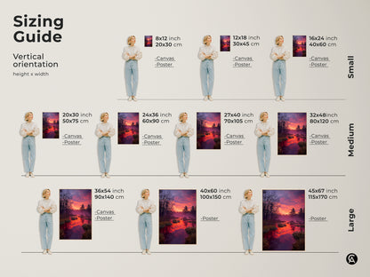 Sizing guide for a vertical orientation of a rustic forest sunset canvas and poster. Orange and purple sky art with pine trees reflected in the water. Available in small medium and large sizes. Find the perfect fit for your space. This nature landscape adds beauty to any room. A great home decor gift.