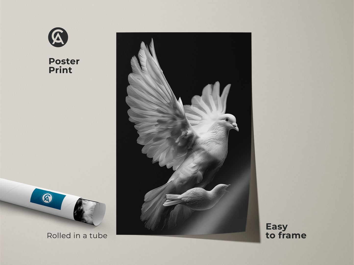 A minimalist black and white bird print rolled in tube. Ready to frame modern minimalist artwork. Its a dove flying wall art that serves as a spiritual gift for friend. Use for peaceful home decor.