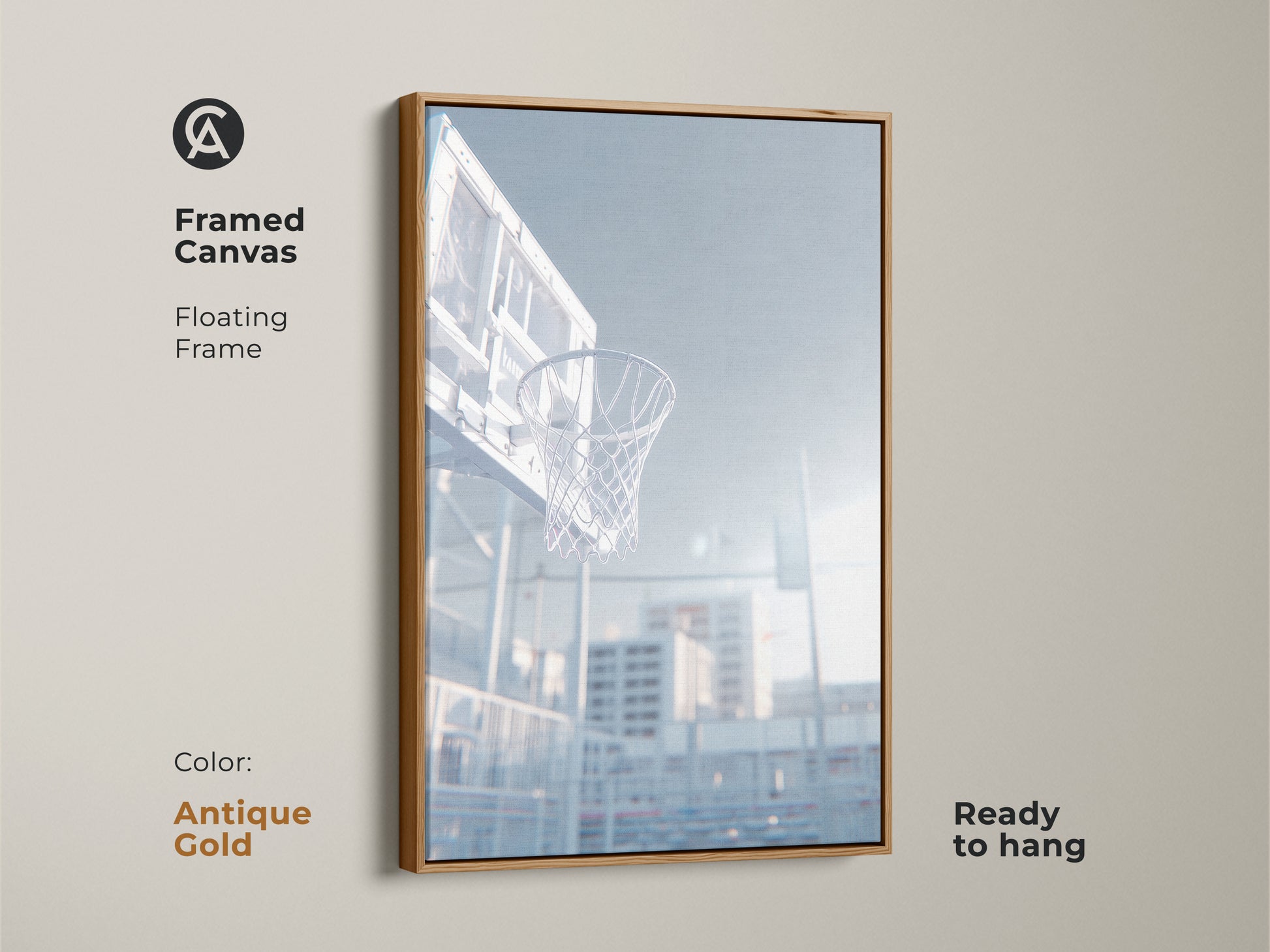Antique gold framed canvas art print of a basketball hoop. This floating frame is ready to hang. The low angle shot captures the net. Sunlight shines through the clear backboard. Decorate your home.