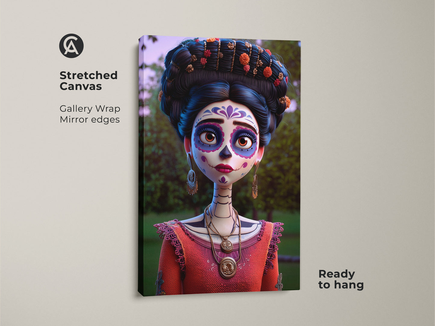 Stretched canvas of a Sugar Skull art print. This Dia de Muertos canvas art is ready to hang. Gallery wrapped with mirror edges. The Mexican folk art portrait brings festive spirit. Coral orange purple tones create an eclectic home decor piece.