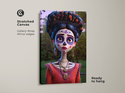 Stretched canvas of a Sugar Skull art print. This Dia de Muertos canvas art is ready to hang. Gallery wrapped with mirror edges. The Mexican folk art portrait brings festive spirit. Coral orange purple tones create an eclectic home decor piece.