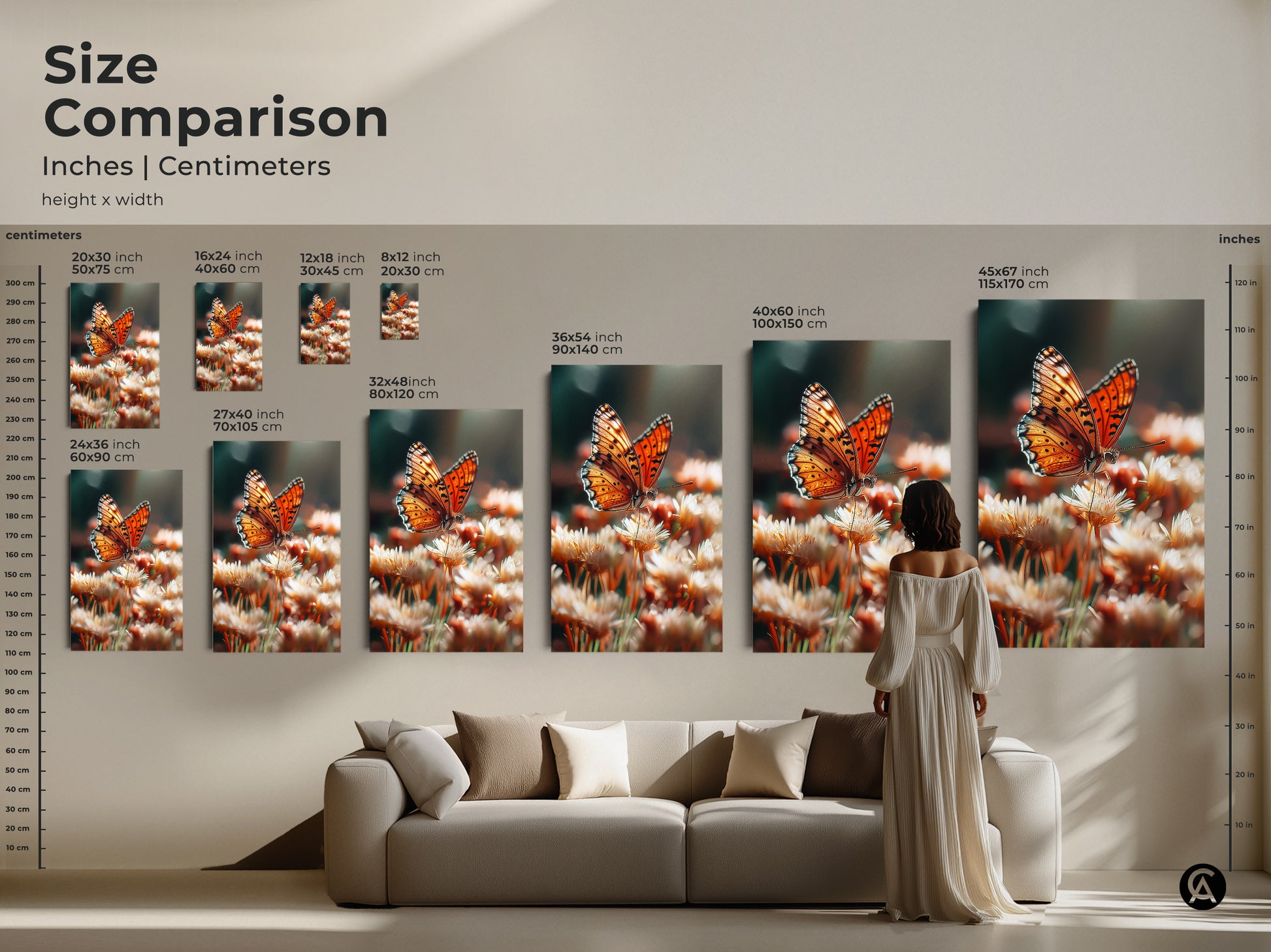 Size comparison of orange butterfly artwork in inches and centimeters. See how various sizes look above a sofa. Choose the perfect scale for your nature insect wall decor. Transform your living room with this botanical butterfly artwork.