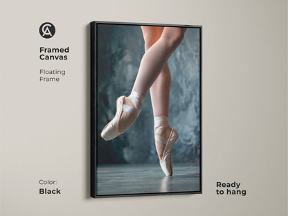 Black framed canvas of ballet art. This ballerina artwork features a dancer's feet. The floating frame adds a modern touch. This ready-to-hang ballet print is perfect for any room. The black frame enhances the artwork. A stunning piece.