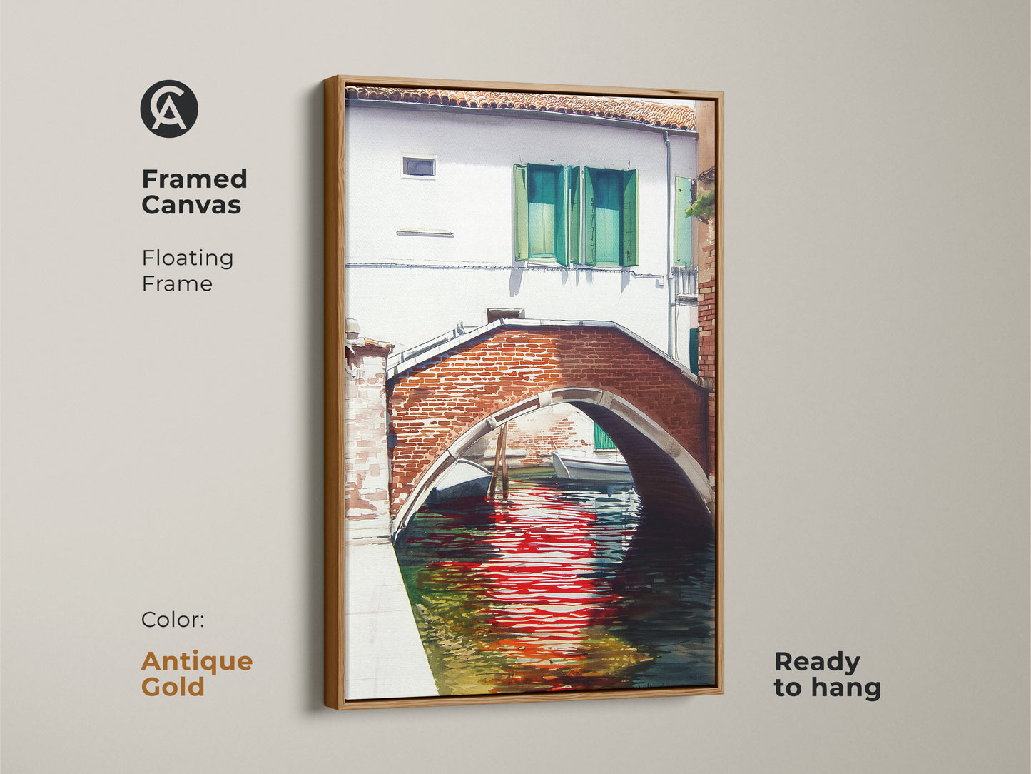 This framed canvas print captures a Venice canal with a brick bridge and red reflections. The antique gold floating frame adds elegance to the traditional artwork. Ready to hang for a sophisticated wall decor.