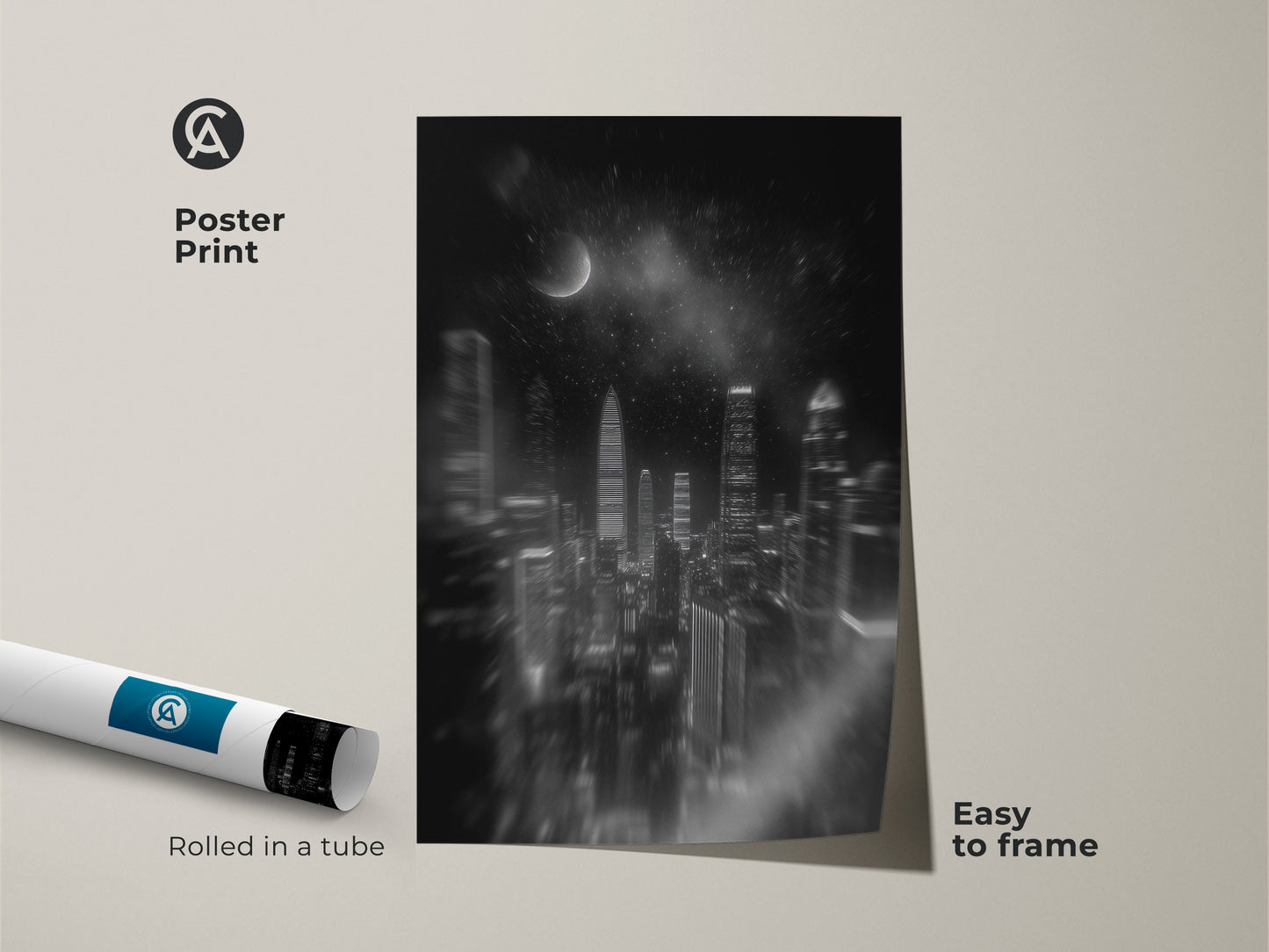 Poster print of a monochrome cityscape. Black and white tones highlight the city canvas. Easy to frame minimalist city art adds a high contrast to modern home wall art.